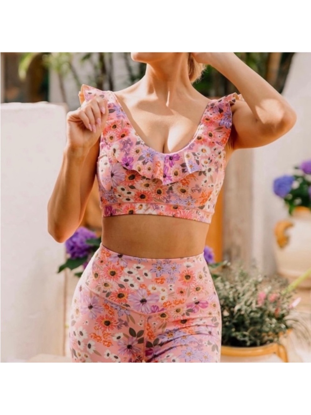 IVL Floral Pink and Purple Ruffle Top and Leggings Set
